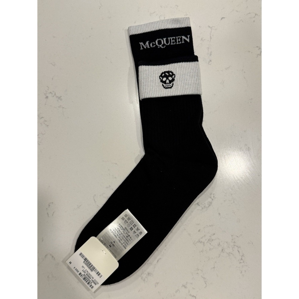 Alexander McQueen Men's Skull Logo Ribbed Dress Socks Black White Italy M NWT